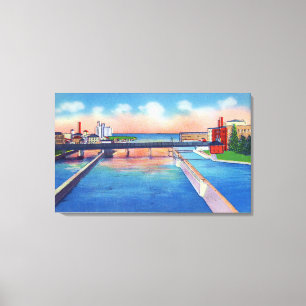 Oswego River View of Canal Locks & Harbour Canvas Print