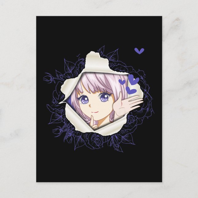 Otaku Anime Girl Kawaii Hearts Love Cute Manga Postcard (Front)