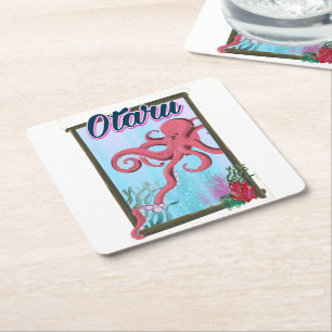 Otaru Japan Squid travel poster Square Paper Coaster