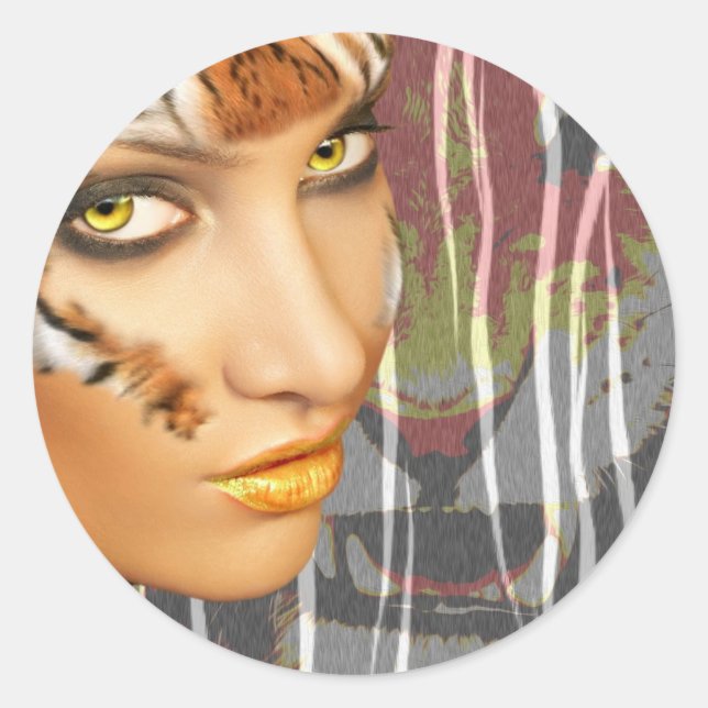 Otherkin Tiger Female Therian art, stunning makeup Classic Round Sticker (Front)