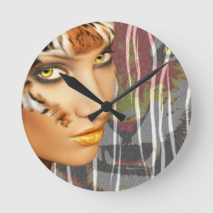 Otherkin Tiger Female Therian art, stunning makeup Round Clock
