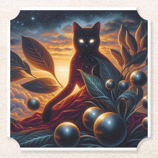 Otherworldly Cat Made of Stars: Surreal Artwork Paper Coaster
