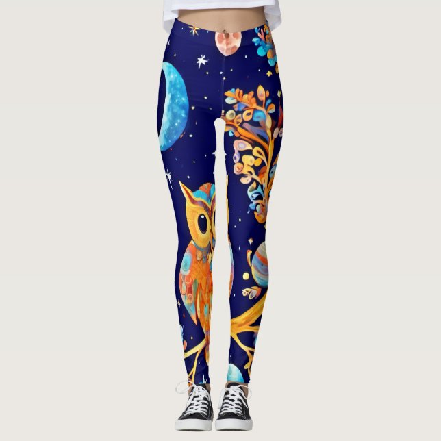 Otherworldly Owl Art: Celestial Wonders Leggings (Front)