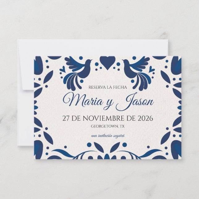 Otomi Blue Floral Elegant Fiesta Spanish Wedding Save The Date (Front)