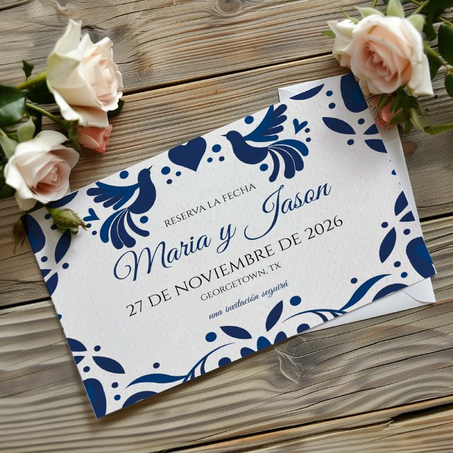 Otomi Blue Floral Elegant Fiesta Spanish Wedding Save The Date (Otomi Blue Floral Elegant Fiesta Spanish Wedding Save The Date)