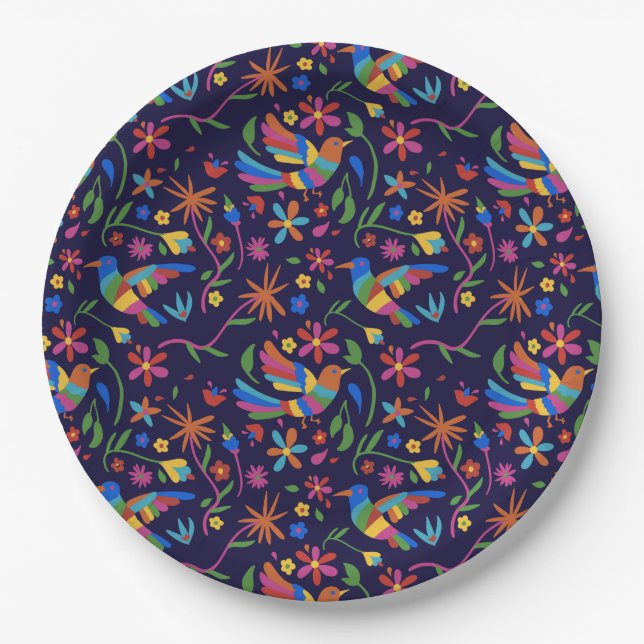 Otomi Colourful Bird & Flowers Pattern cute summer Paper Plate (Front)