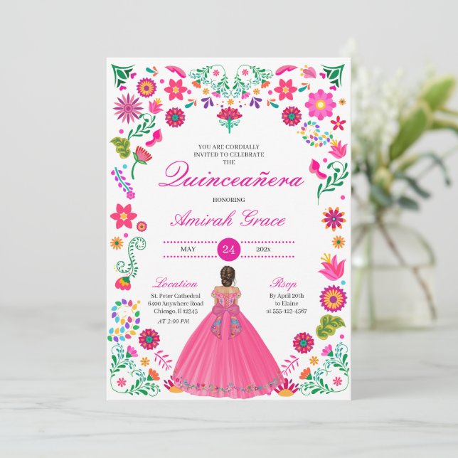 Otomi Embroidery Princess Quinceañera Invitation (Standing Front)
