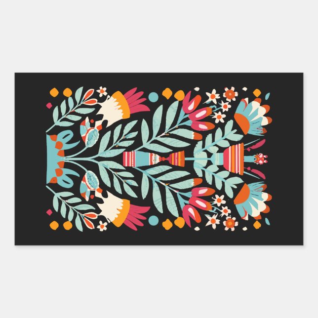 Otomi Flower Pattern Mexican Floral Art Rectangular Sticker (Front)