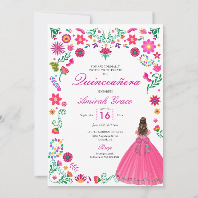 Otomi Mexican Embroidery Quinceañera Invitation (Front)