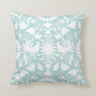 Otomi Print, Aqua & White Boho Throw Pillow