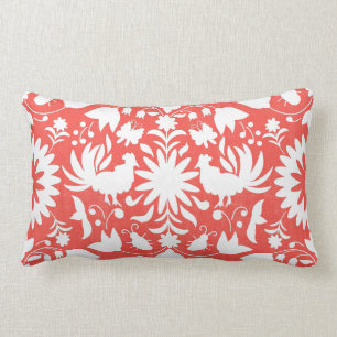 Otomi Print, Coral & White Boho Lumbar Pillow