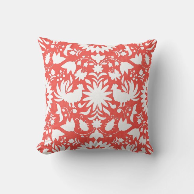 Otomi Print, Coral & White Boho Throw Pillow (Front)