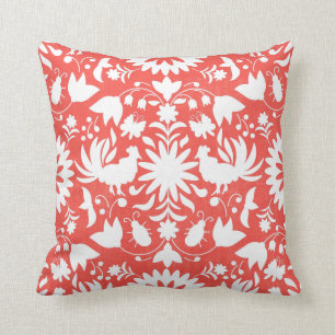 Otomi Print, Coral & White Boho Throw Pillow