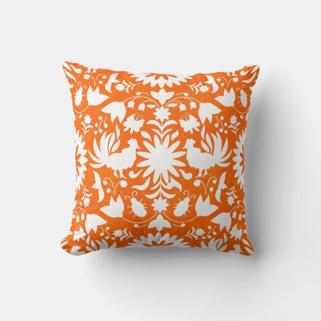 Otomi Print, Orange & White Boho Throw Pillow (Front)