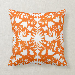 Otomi Print, Orange & White Boho Throw Pillow