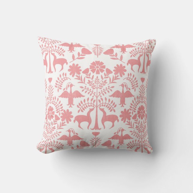 Otomi Print, White & Light Pink Boho Throw Pillow (Front)