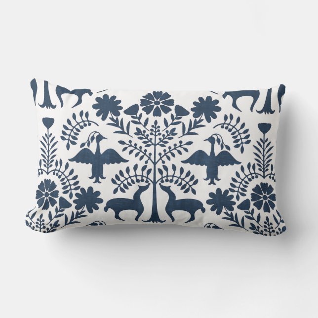 Otomi Print, White & Navy Blue Boho Throw Pillow (Front)