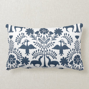 Otomi Print, White & Navy Blue Boho Throw Pillow