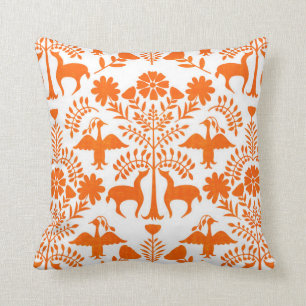 Otomi Print, White & Orange Boho Throw Pillow