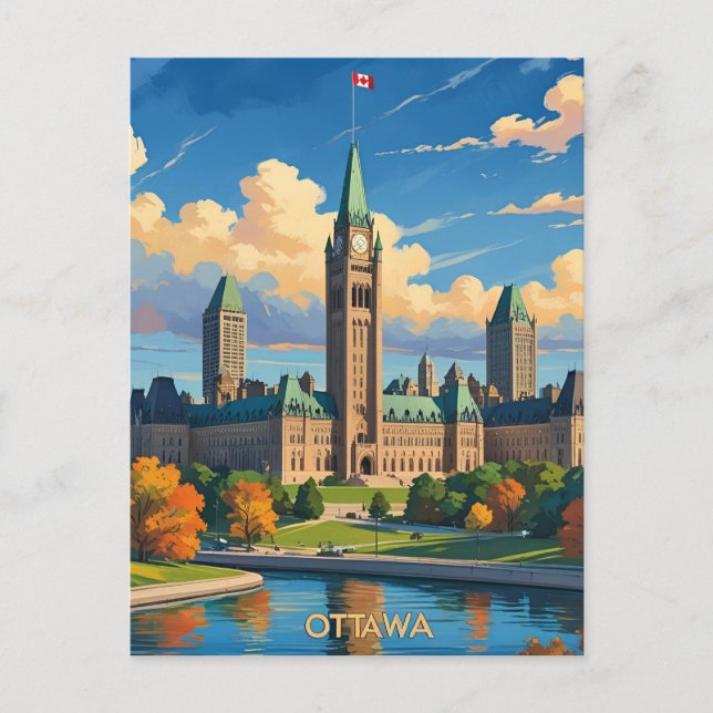 Ottawa Canada Parliament Building, City Skyline Holiday Postcard (Front)