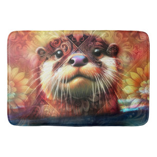 Otter Abstract Floral Teal Orange Red Brown Otters Bath Mat