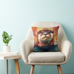 Otter Abstract Floral Teal Orange Red Brown Otters Cushion