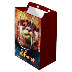 Otter Abstract Floral Teal Orange Red Brown Otters Medium Gift Bag