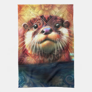 Otter Abstract Floral Teal Orange Red Brown Otters Tea Towel
