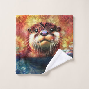 Otter Abstract Floral Teal Orange Red Brown Otters Wash Cloth