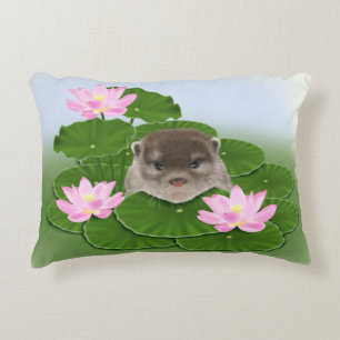 Otter and Lotus Flowers Decorative Cushion