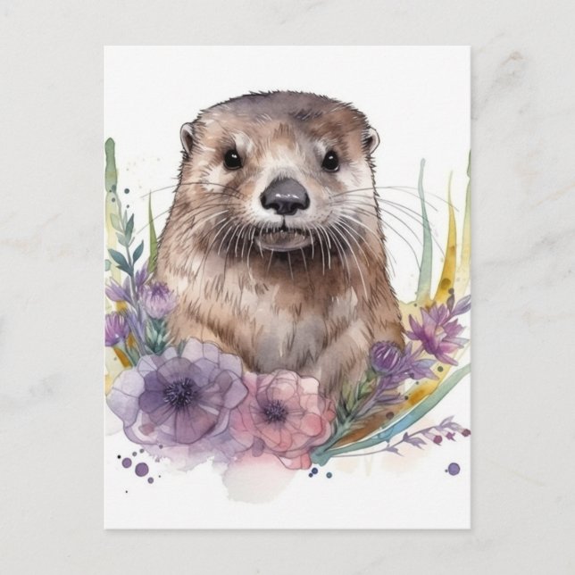 Otter and Purple Flowers Postcard (Front)