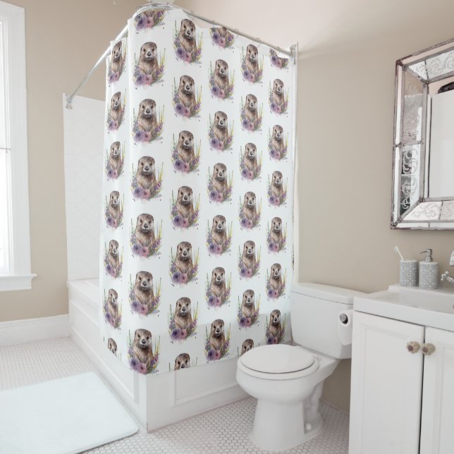 Otter and Purple Flowers Shower Curtain (In Situ)