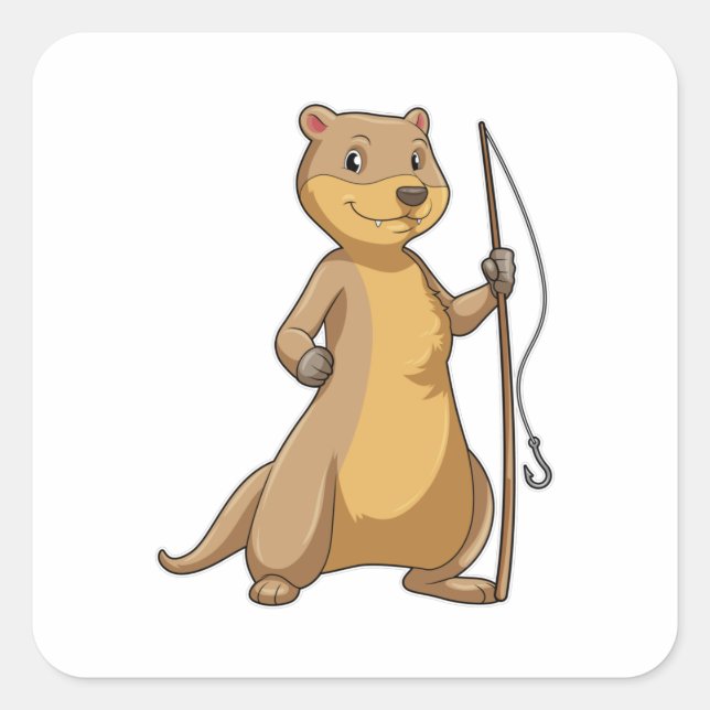 Otter as Fisher with Fishing rod Square Sticker (Front)