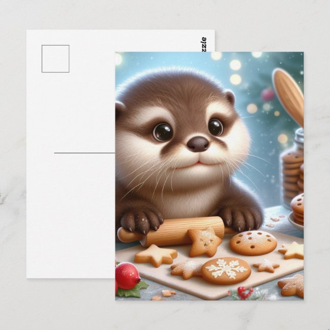 Otter Baking Christmas Cookies Postcard (Front/Back)