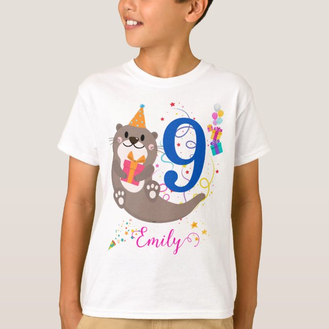 Otter Birthday Girl Party Colourful Balloons Theme T-Shirt (Front)