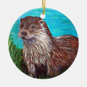 Otter by a River Painting Ceramic Tree Decoration