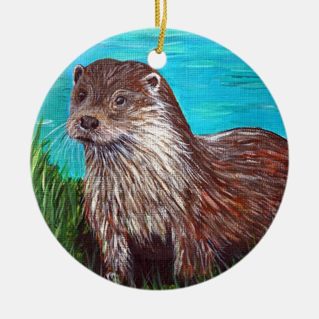 Otter by a River Painting Ceramic Tree Decoration (Front)
