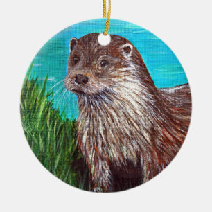Otter by a River Painting Ceramic Tree Decoration