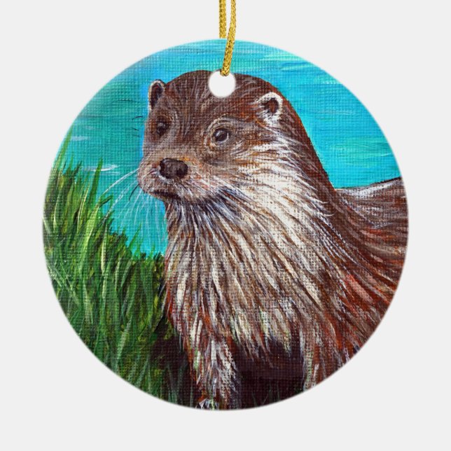 Otter by a River Painting Ceramic Tree Decoration (Front)