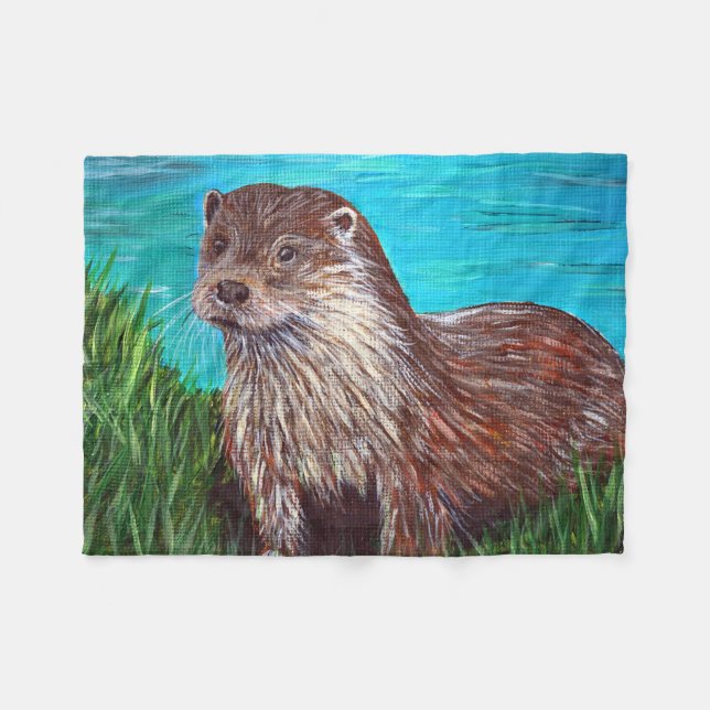 Otter by a River Painting Fleece Blanket (Front (Horizontal))