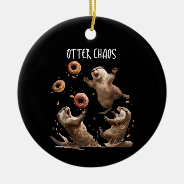 Otter Chaos Funny Bagel Fighting Sea Otters Pun An Ceramic Tree Decoration (Front)