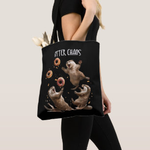 Otter Chaos Funny Bagel Fighting Sea Otters Pun An Tote Bag