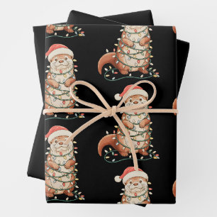 Otter Christmas Animal Xmas Lights Santa Hat Wrapping Paper Sheet