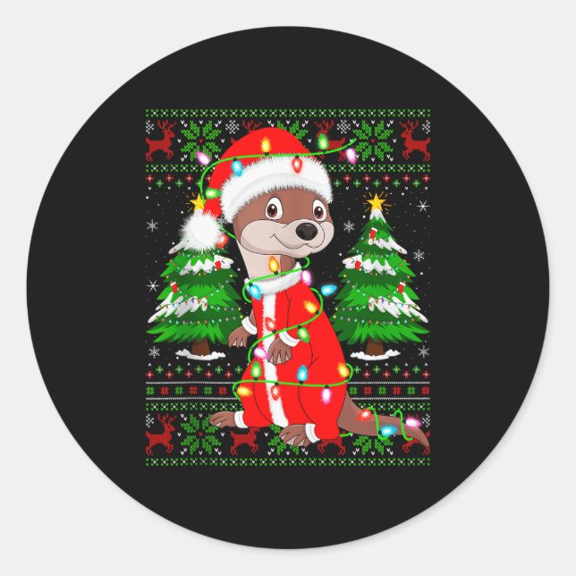 Otter Christmas Lights Santa Costume Ugly Xmas Swe Classic Round Sticker (Front)