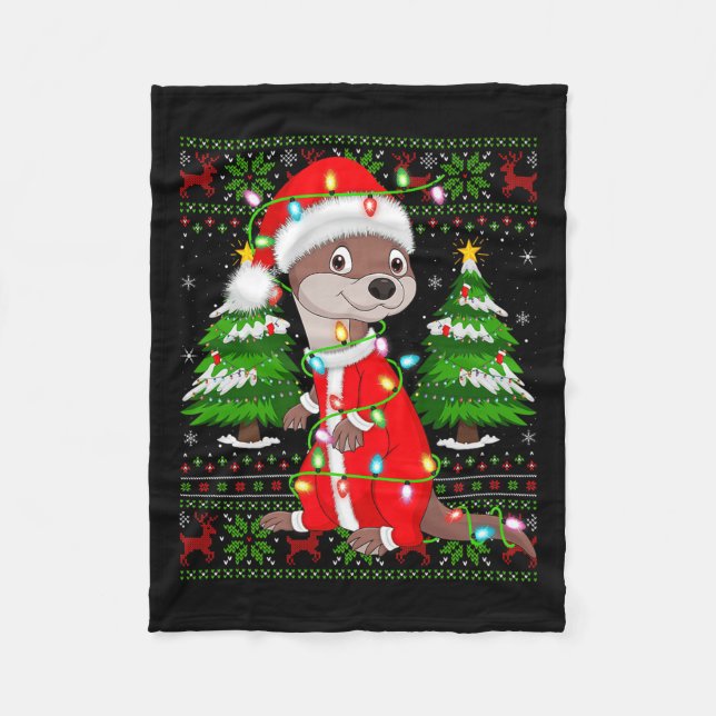 Otter Christmas Lights Santa Costume Ugly Xmas Swe Fleece Blanket (Front)