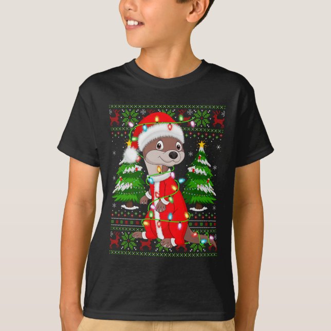 Otter Christmas Lights Santa Costume Ugly Xmas Swe T-Shirt (Front)