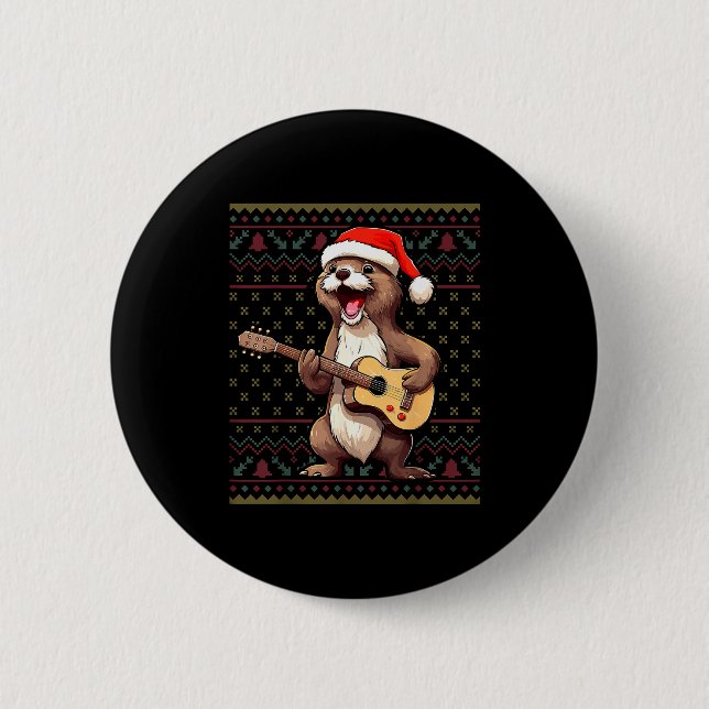 Otter Christmas Ugly Shirts Otter Playing Guitar X 6 Cm Round Badge (Front)