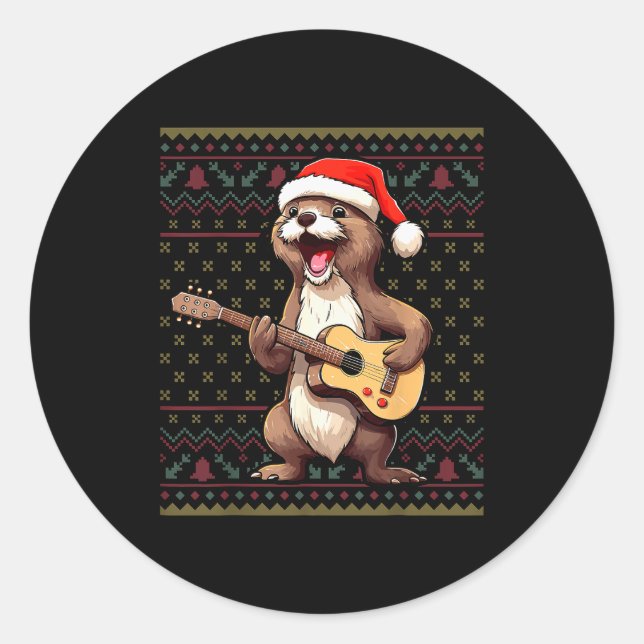 Otter Christmas Ugly Shirts Otter Playing Guitar X Classic Round Sticker (Front)