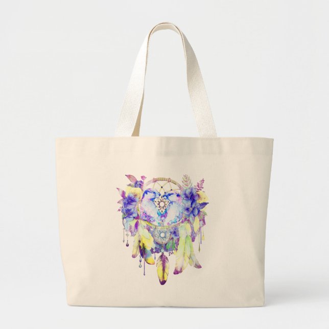 Otter Dreamcatcher Blue Yellow Floral Large Tote Bag (Front)