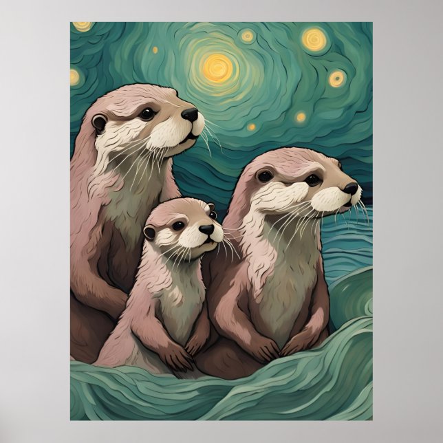 Otter Family in a Starry Night Ocean Poster (Front)
